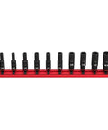 Rock Solid 10 Piece Impact Socket Set For Milwaukee Drivers With Dual Hole Design And Groove To Keep Things Snug Plus Non Slip Hex Fitment That Handles Heavy Torque Jobs Without Fail., 10-piece black impact sockets on red rail, 3/16 to 9/16