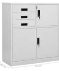 White lockable metal file cabinet with doors and drawers for home office garage storage, steel cabinet for files tools essentials