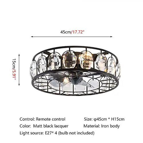 Boss Level Vintage Industrial Fandelier Ceiling Fan With Bright Lighting, 18 Inch Low Profile Flush Mount With Remote, Sturdy Black Metal Build For Living Spaces, Dual Direction Spins And Major Cool Factor, flush mount design with crystal accents.