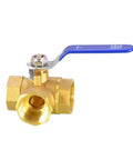 Built Tough Forged Brass Three Way Valve T Type Half Inch Bsp Thread Heavy Duty Plumbing Connector with blue handle.