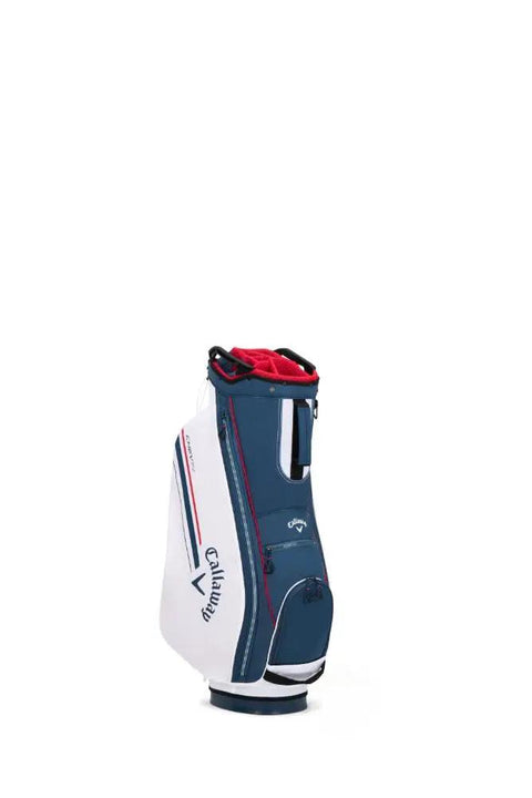 Chev 14 Way Cart Bag for Golf lightweight and sleek 14 divider top navy white red design with side access handles visible