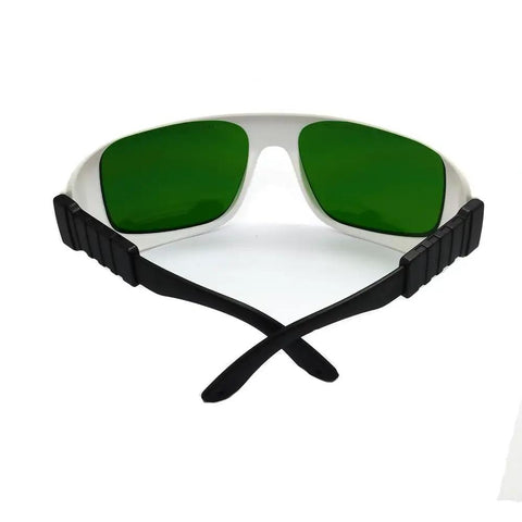 Heavy Duty Laser Safety Glasses Serving Up Knock Out Protection Across 800 To 1700Nm With Od4 Plus And Od6 Plus Ratings For Telecom Nd Yag Diode Crews Clear Lens, green lenses with black frames.