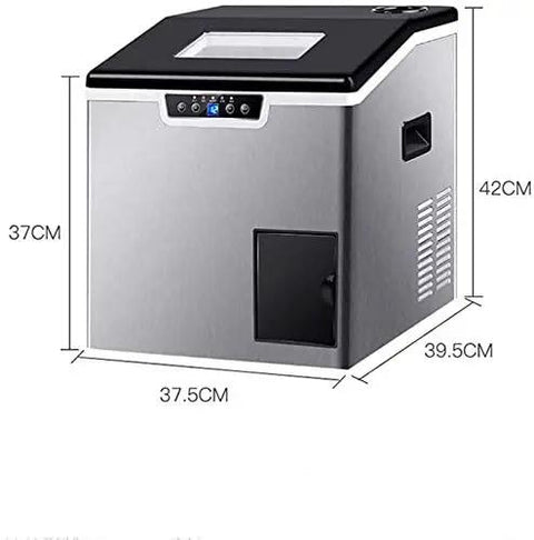 Portable Countertop Ice Maker Machine With Dual Crush And Cube Functions Featuring A Clean Lcd Control Panel Fast Thirty Second Cycle fully adjustable ice thickness side view with dimensions.