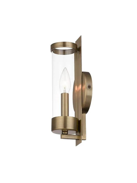 Castleton Antique Brass 1 Light ADA Wall Sconce With Clear Glass Cylinder, Classic Yet Modern Hallway And Bath Accent Lighting
