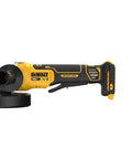 20 Volt Brushless Cordless 4 To 5 Inch Angle Grinder featuring safety shutdown, black and yellow design, ideal for concrete grinding.