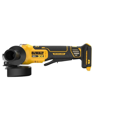 20 Volt Brushless Cordless 4 To 5 Inch Angle Grinder featuring safety shutdown, black and yellow design, ideal for concrete grinding.