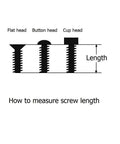 Diagram showing flat, button, and cup head screws with labeled length instructions for 20 Pieces M5 X 50mm Titanium Allen Hex Socket Round Button Head Bolts Ti Gr2 Machine Screws For Outdoor Use, Ultra Lightweight, Rust Resistant, Great For Humid Environments, DIY Projects, Bikes And Gear.