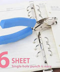 One Quarter Inch Single Hole Punch With Soft Grip Handles punching six sheets, ideal for school projects and greeting cards, blue handle
