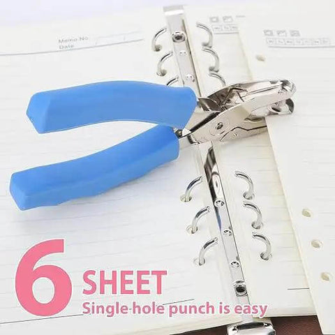 One Quarter Inch Single Hole Punch With Soft Grip Handles punching six sheets, ideal for school projects and greeting cards, blue handle