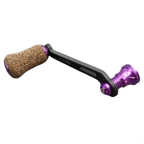 Premium Single Rocker Fishing Reel Handle With Rubber Cork Knob Carbon Fiber Core 70Mm Screw In Arm Length in purple with black grip.