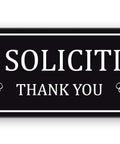 Indoor Outdoor No Soliciting Sign Decal Sticker For Home And Office Removable Waterproof Self Adhesive Door Sign Flush Mount Low Profile 6 Mil Thick Black with white text "No Soliciting" and "Thank You"