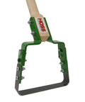 Stirrup Hoe For Weeding And Edging With A 6 Inch Spring Steel Blade That Rocks 20 Degrees In Either Direction Made In USA Built To Last A Lifetime Garden Tool showing metal blade and ash handle