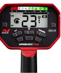 Front view of a red Minelab Vanquish 440 metal detector control head with digital display and keypad