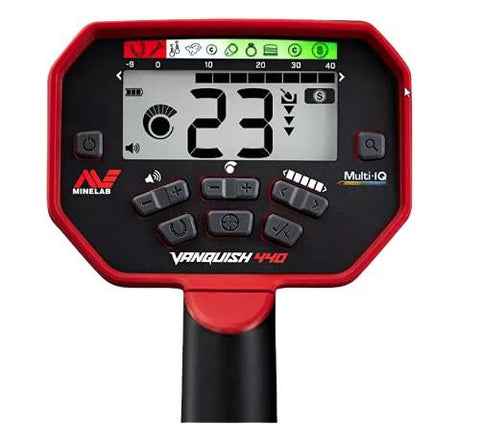 Front view of a red Minelab Vanquish 440 metal detector control head with digital display and keypad