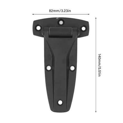 Built Tough 5.51 Inch Matte Black Zinc Alloy Soft Close T Strap Hinge No Slam Corner Bracket with measurements and mounting holes.