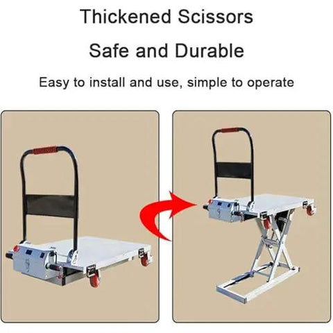 Heavy Duty Hydraulic Scissor Lift Table With Smooth Rolling Casters And One Button No Sweat Height Adjustment Up To Eighty Six Cm in standing and lowered positions.
