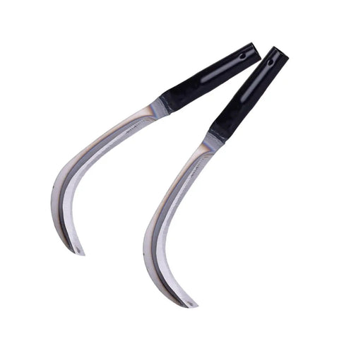 Close-up of two mowing sickles from the 10 Piece All In One Mowing Sickle Set With Rustproof Harvesting Tools For Gardening And Weeding