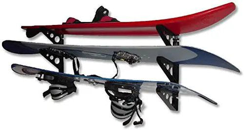 Heavy Duty Water Ski Wall Rack Holds Two Pairs Of Skis Sturdy Abs Plastic Horizontal Garage Storage Solution No Sweat Install with red and blue skis