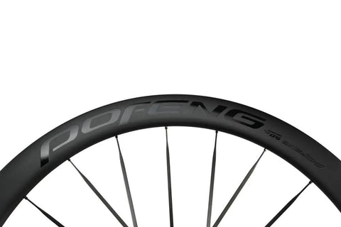 Top view of Carbon Disc Wheelset 50C Tubeless With Carbon Spokes Thru Axle Center Lock 12x100 Front 12x142 Rear Fits Shimano 8-12 Speed Black