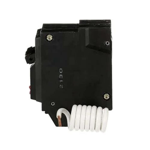 Side view of THQL2130GFT 30A Double-Pole GFCI Circuit Breaker with coiled wire for 120/240 VAC, compatible with GE panels.