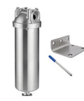 Stainless Steel Whole House Water Filter Housing Built Tough For Heavy Duty Home Plumbing Systems Fits Ten Inch By Two And A Half Inch Sediment Cartridges 1 Inch NPT Ports With Wing Style Drain Valve Great For City Or Well Water, shown with mounting bracket and tool