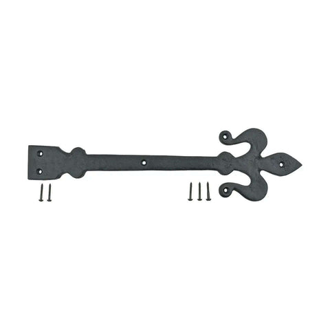 Fleur De Lis Wrought Iron Dummy Strap Hinge 16 Inch Black Decorative Hardware with screws for doors and cabinets