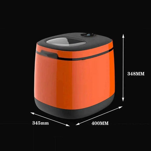 Portable Countertop Ice Maker Machine Rapid Six Minute Freeze boosts weekend crews with dimensions in orange and black color.
