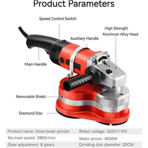 Built Tough Workhorse Three Head Concrete Grinder And Wall Sander With Six Variable Speeds Pro Grade Cement Planer for smooth polishing.