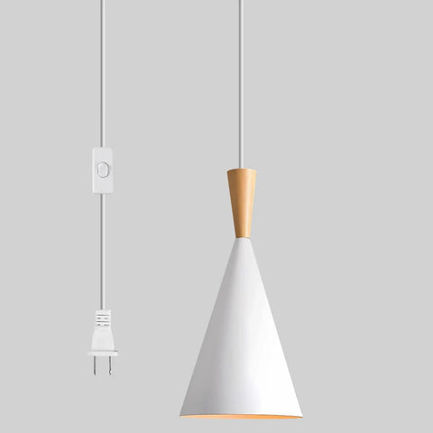 White Plug In Pendant Light Dope Cone Farmhouse Style For Kitchen Island Bar Ceiling Fixture with plug and adjustable cord.