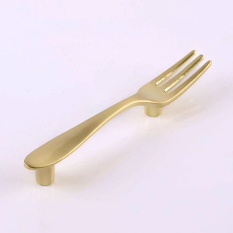 Three-Piece Kitchen Cabinet Handles Set With Gold Finish Drawer Knobs And Pulls For Home Cabinets Doors Bedroom Dresser And Living Room Storage Vintage Silverware Themed Hardware That Installs Fast And Elevates Any Space With A Boss Vibe, fork-shaped handle in gold finish.
