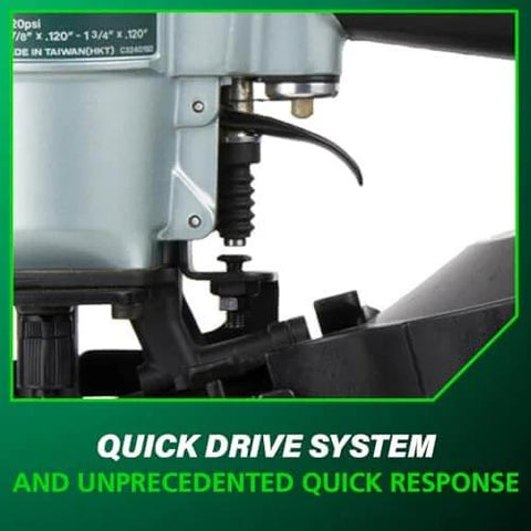 Close-up of Pro-Grade Pneumatic Roofing Nailer for Asphalt Shingles showing part of the quick drive system.