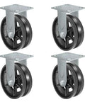 Heavy-duty V-groove wheel casters set for carts, 6-inch diameter, 2-inch wide tread, supports 2,400 lbs per set, ideal for tracked paths.