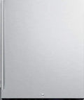 TwentyFour Inch All Freezer Undercounter Unit Featuring No Hassle FrostFree Operation Integrated Ice Maker And Smooth Digital Thermostat Finished In Sweet Stainless Steel Front view of sleek stainless steel undercounter freezer.