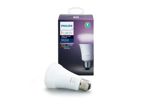White And Color Ambiance A19 60W Equivalent Dimmable LED Smart Bulb With 16 Million Colors Dope Lighting Vibes Voice Control With Alexa HomeKit And Google Assistant Works With Hub For Full Smart Lighting Experience, shown with packaging.