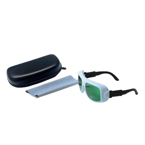 Top Shelf Laser Safety Glasses With Od3 Plus And Od5 Plus Optical Density For Red And Infrared Beam Coverage Clear Lens, with case and cleaning cloth.
