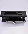 Sliding Barn Door Locks With Invisible Door Handle And Keys For Wood Pocket Doors Black Hardware, shown disassembled view