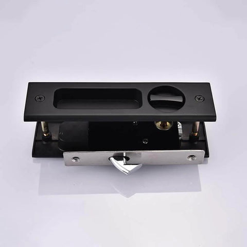 Sliding Barn Door Locks With Invisible Door Handle And Keys For Wood Pocket Doors Black Hardware, shown disassembled view