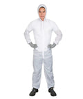 Fresh White Nylon Spray Paint Coveralls With Kickback Ready Lint Free Construction And Lowkey Comfortable Fit For Auto Body Shop Refinishing Industrial Painter Wardrobe And Serious Overspray Defense, worn by a person with gloves.