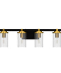 4 Light Modern Vanity Light Fixtures For Bathroom In Matte Black And Brushed Gold With Clear Glass Shades Over Mirror