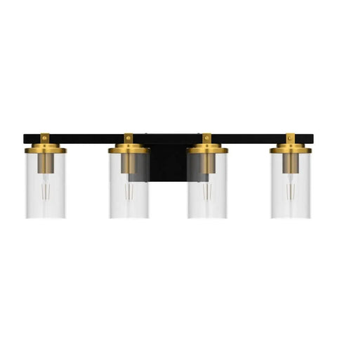 4 Light Modern Vanity Light Fixtures For Bathroom In Matte Black And Brushed Gold With Clear Glass Shades Over Mirror