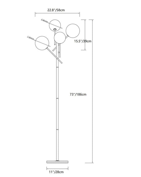 Diagram of Sputnik 4 Light Floor Lamp With Smoky Grey Glass Globes, Chrome Finish showing dimensions in centimeters.
