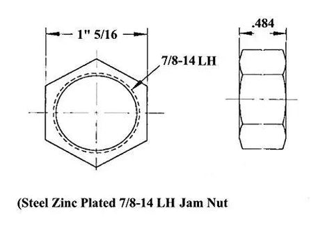 Heavy Duty Badass 7/8-14 Thread Complete 4 Link Rod End Kit Left And Right Chrome Moly Steel With High Misalignment Spacers For Street Rods And Dirt Track Dreams, 7/8-14 LH jam nut diagram.