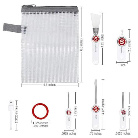 7 Piece Sewing Machine Maintenance Tool Kit With Needle Inserter, Angled Lint Brush, Threader And 3 Screwdrivers, Universal Compatibility, Handy Storage Pouch displayed with dimensions
