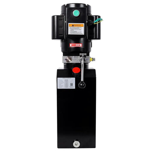 Stanss Single Acting Hydraulic Power Unit With 10 Quart Steel Reservoir Pump front view showing control lever and safety relief valve.