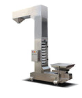 Heavy Duty Automatic Z Belt Conveyor System With Inclined Bucket Elevator For Safe Industrial Material Handling And Lifting Operations featuring stainless steel and controls.