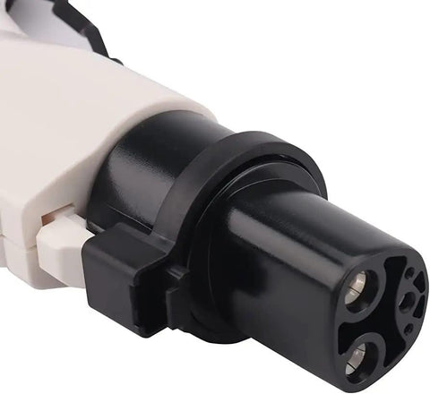Close-up of J1772 to Tesla Adapter, durable EV charger connector for Level 1 Level 2 use, 240 Volt AC and easy plug-in.
