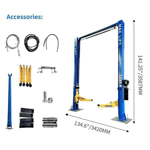 Front view of ME-LM110S blue two-post car lift with 11,000 lb capacity and yellow arms