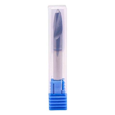 Front view of solid carbide spotting drill in clear plastic packaging with blue end cap; 1/4 inch shank.