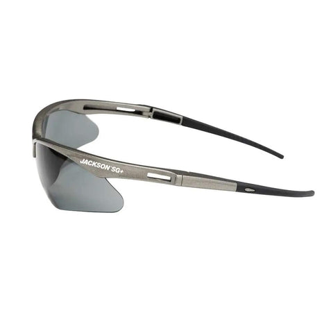 Heavy Duty Safety Glasses With Hard Coated Anti Scratch Polarized Lenses For Crisp Vision And Slip On Fit Ansi Z87 Certified Eye Protection That Handles The Daily Grind Pack Of 12 For Work Sites, shown at angle with smoke lens.