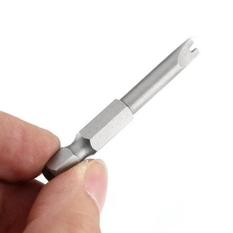 Heavy Duty 5 Piece U Shape Screwdriver Bit Set Loaded With 1/4 Inch Hex Shank Magnetized S2 Steel Spanner Bit held in hand.